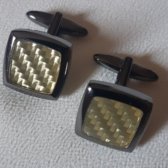 Cuff Links Gunmetal 3/4" Golden Yellow Lenticular 3D Mosaic Inlay - Picture 1 of 8